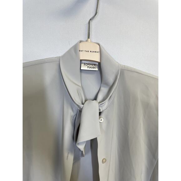 SOMMER MANN Long Sleeve Button Down Padded Shoulder Tie Neck Blouse Size 40 - Picture 2 of 11